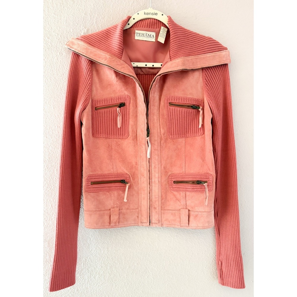 VTG Tehama Pink Suede Leather Ribbed Knit Full Zip Moto Jacket Y2K Size Small